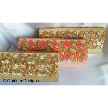 Coral Pink Fabric Clutch Purse With Pink And Gold Intricate Floral Embroidery, Wedding Clutch, Party Bag